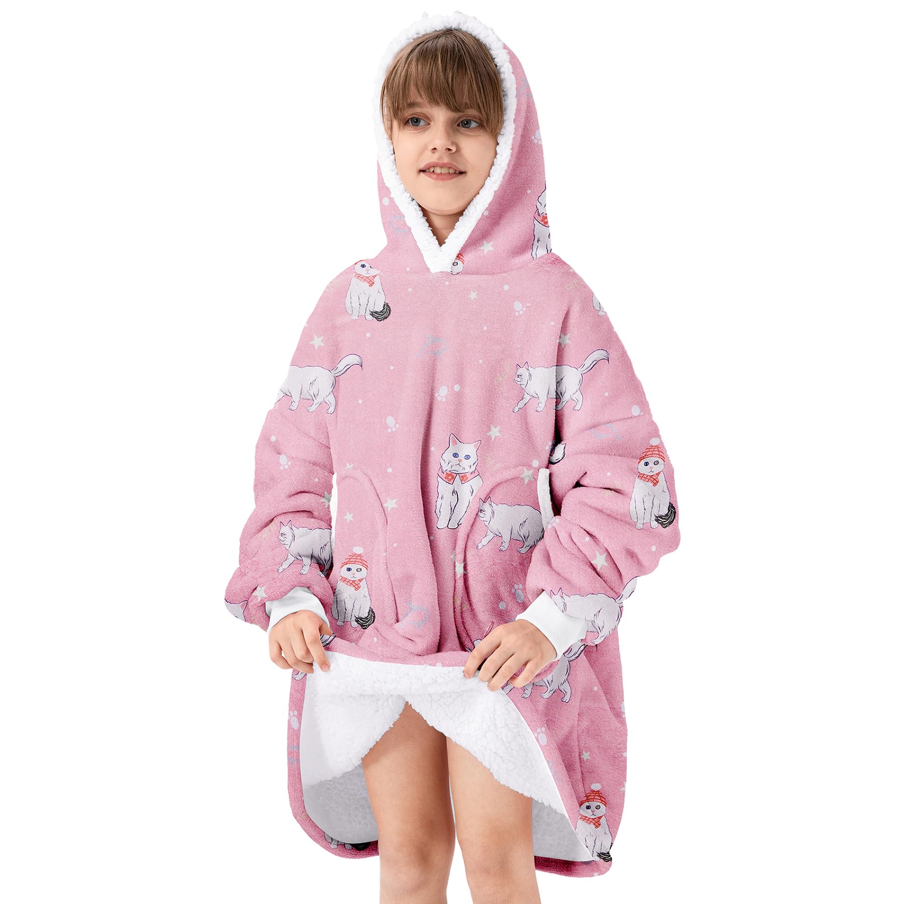 Zando Cat Blanket Hoodie Pink Blanket For Kids Cozy Warm Hooded Blanket For Boys Girls Oversized Wearable Blanket Hoodies Sherpa